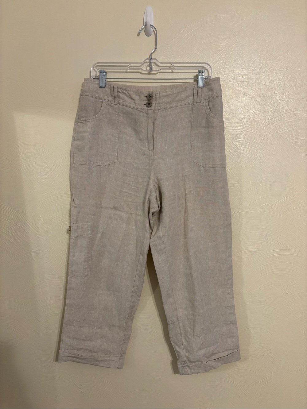 Chico’s 100% Linen Cropped Cargo Pants Size 1.5 Beige Taupe